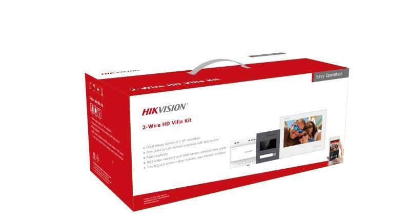 20001386 Hikvision 2-draads Video intercom kit, 1 aluminium drukknop IK08, 2 MP HD video, 7" touch screen binnenstation